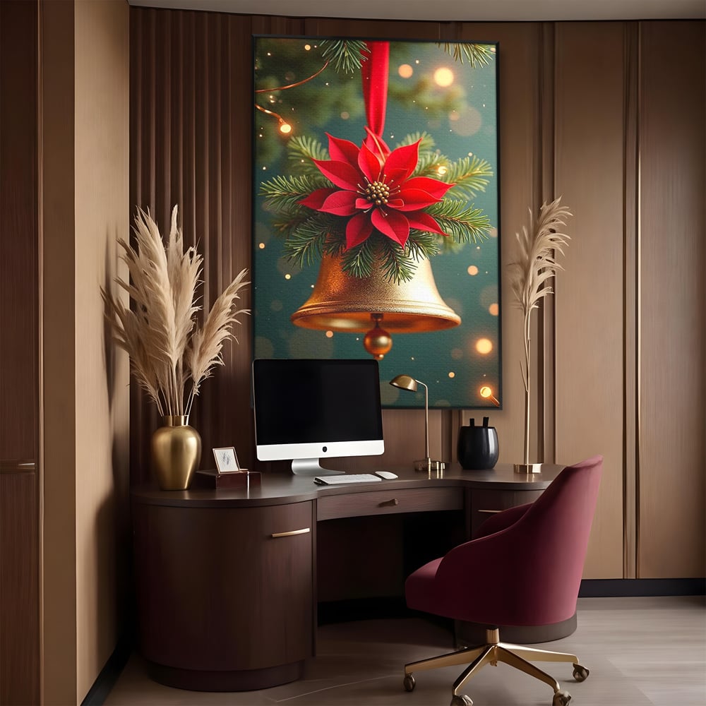 Tablou canvas cu tablou canvas cu clopotel si poinsettia, in rama de aluminiu negru, pe perete intr-un birou